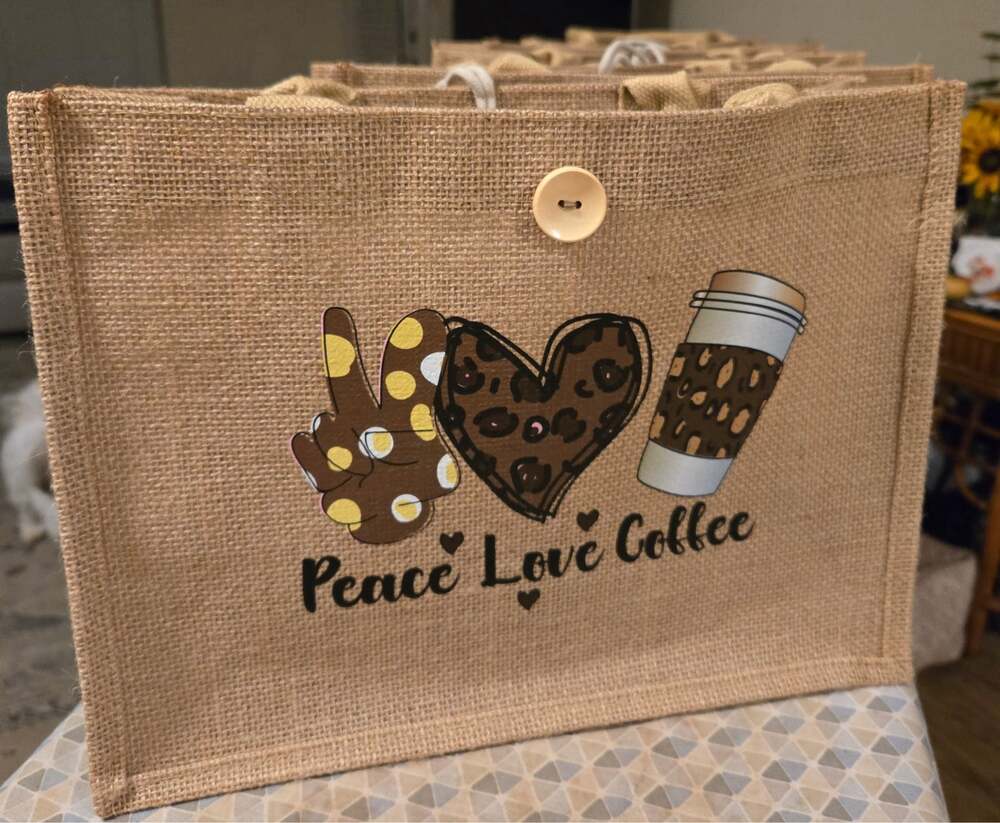 Peace Love Coffee Jute Bag